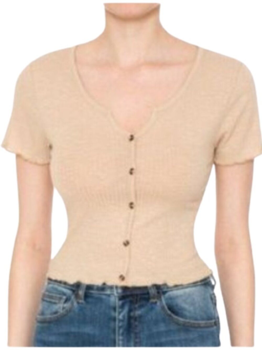 Ambiance Tan Rib-Knit Blouse Faux Button-Up V-Cut Neck Short Sleeves